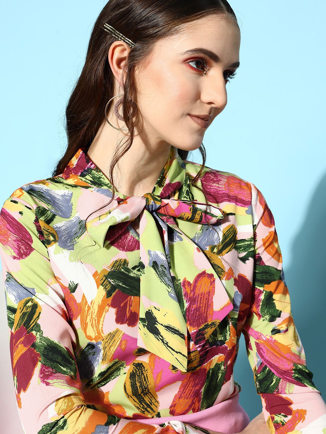 Berrylush Pink & Green Print Tie-Up Neck Crepe Top