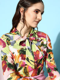 Berrylush Pink & Green Print Tie-Up Neck Crepe Top