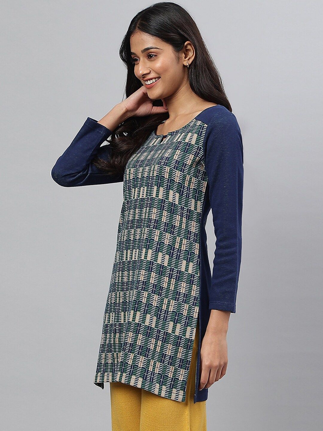 Aurelia Women Blue Geometric Print Cotton Blend Straight Kurta
