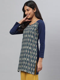 Aurelia Women Blue Geometric Print Cotton Blend Straight Kurta