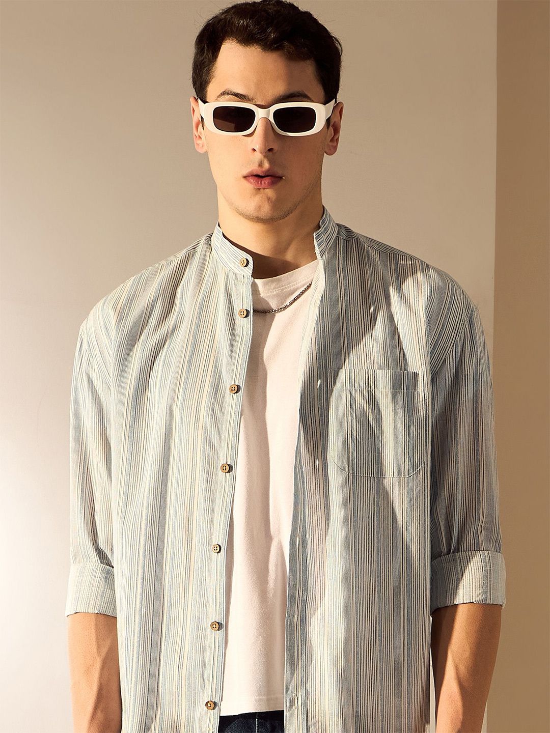 DENNISON Men Aspect Striped Mandarin Collar Oversized Shirt