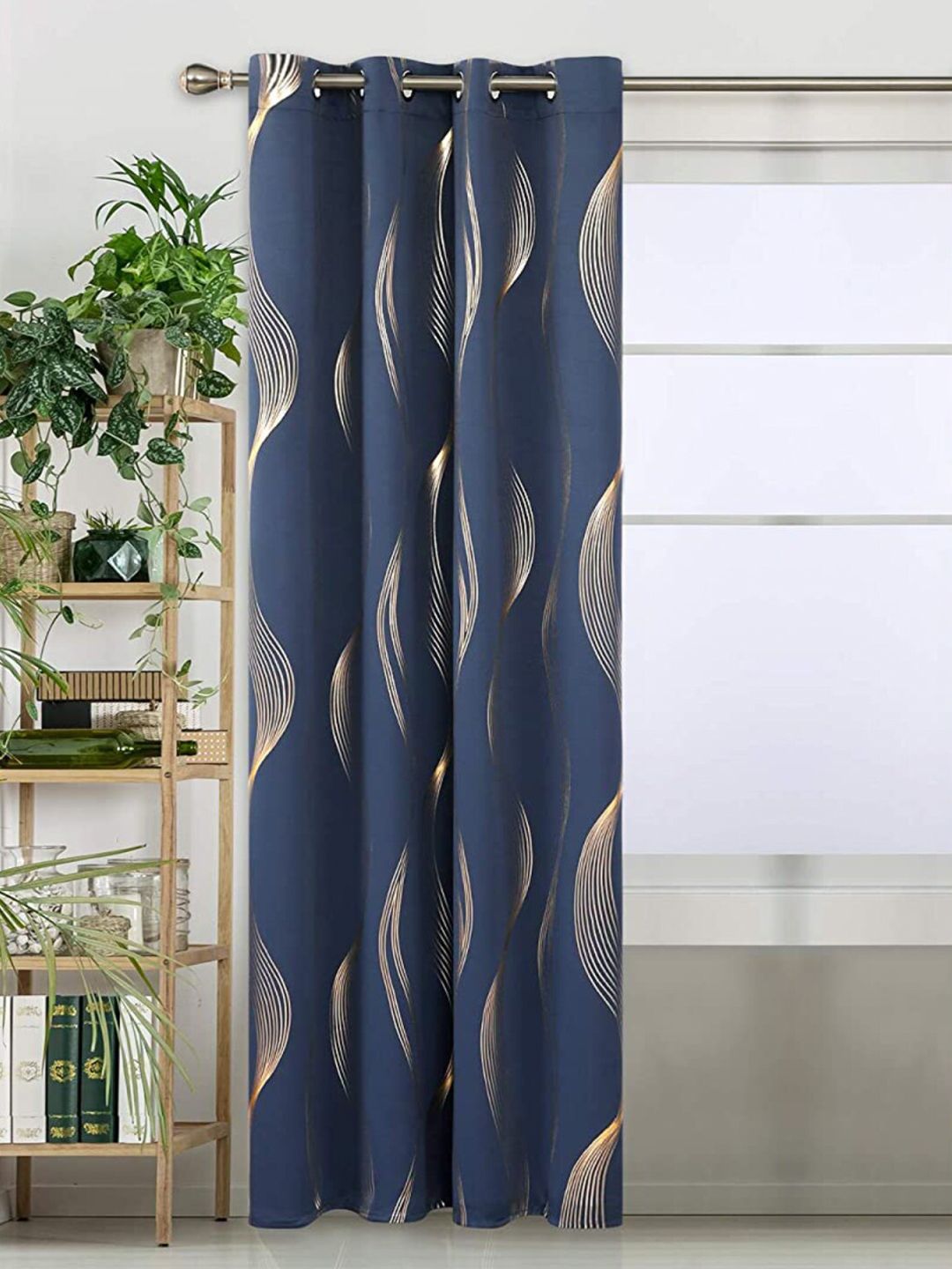 URBAN SPACE Navy Blue & Gold-Toned Printed Black Out Window Curtain
