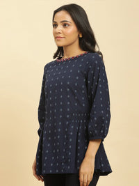 W Ethnic Motifs Printed Puff Sleeves Cotton Peplum Top