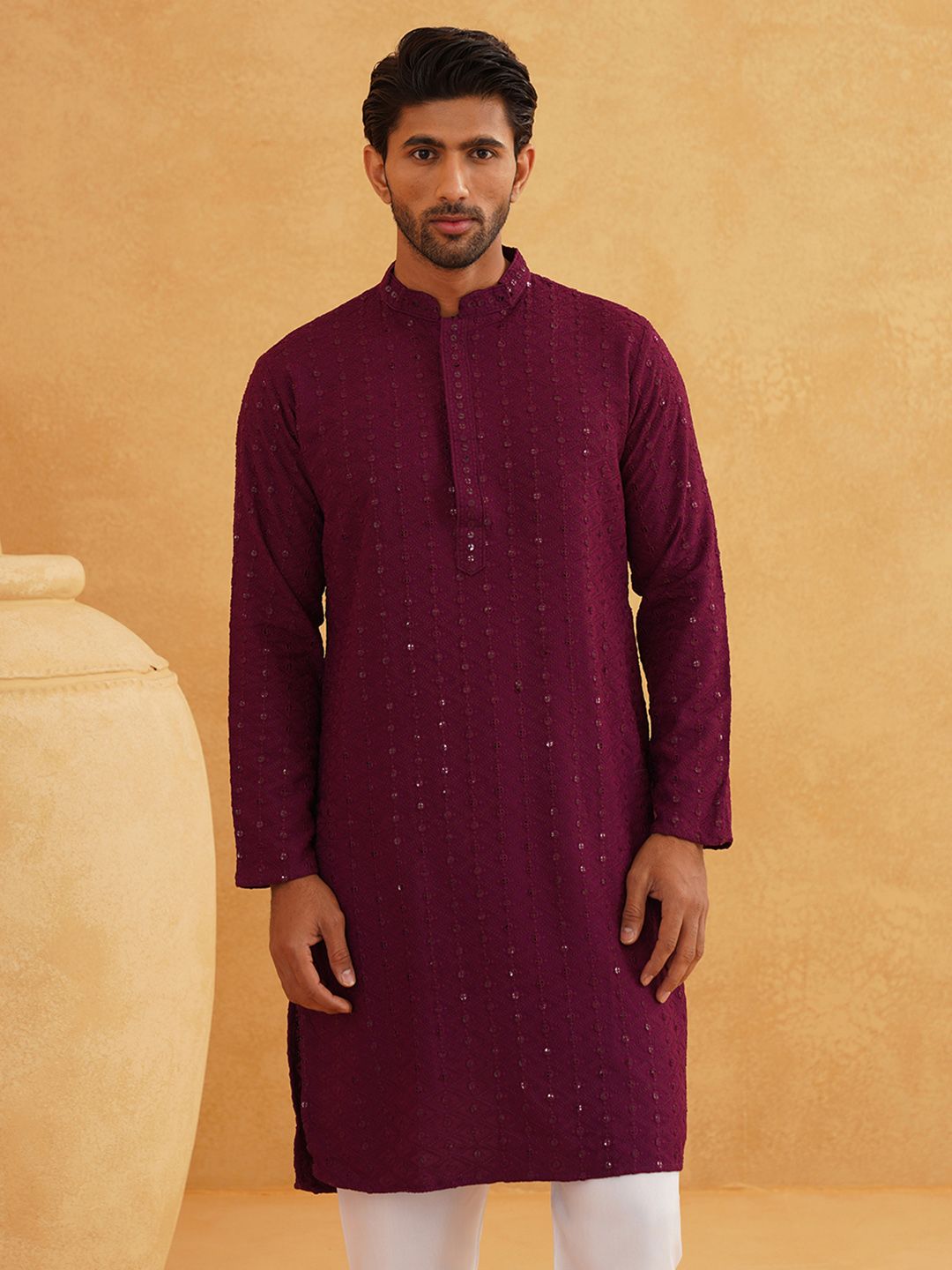 SOJANYA Geometric Embroidered Sequence Mandarin Collar Pure Cotton Kurta