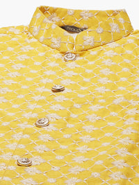SOJANYA Lelaki Motif Etnik Kuning & Putih Sulam Kurta Churidar & Jaket