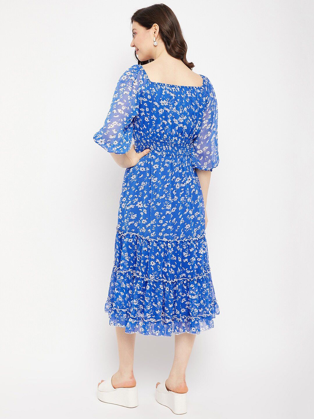 Antheaa Square Neck Floral Printed Smocked Tiered Chiffon Fit & Flare Midi Dress