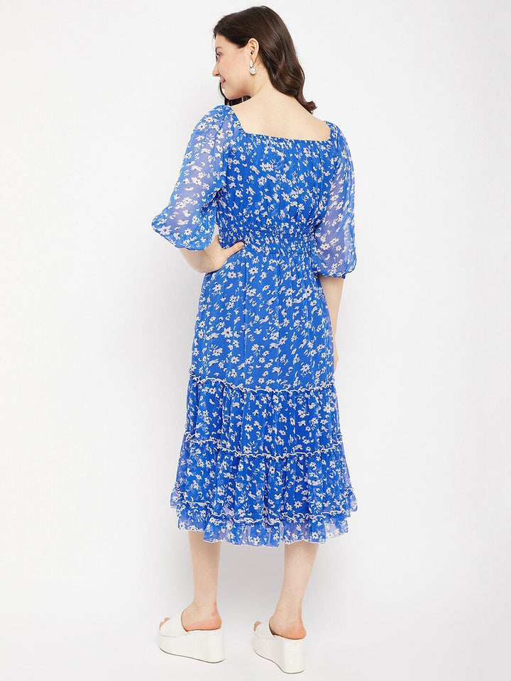 Antheaa Square Neck Floral Printed Smocked Tiered Chiffon Fit & Flare Midi Dress