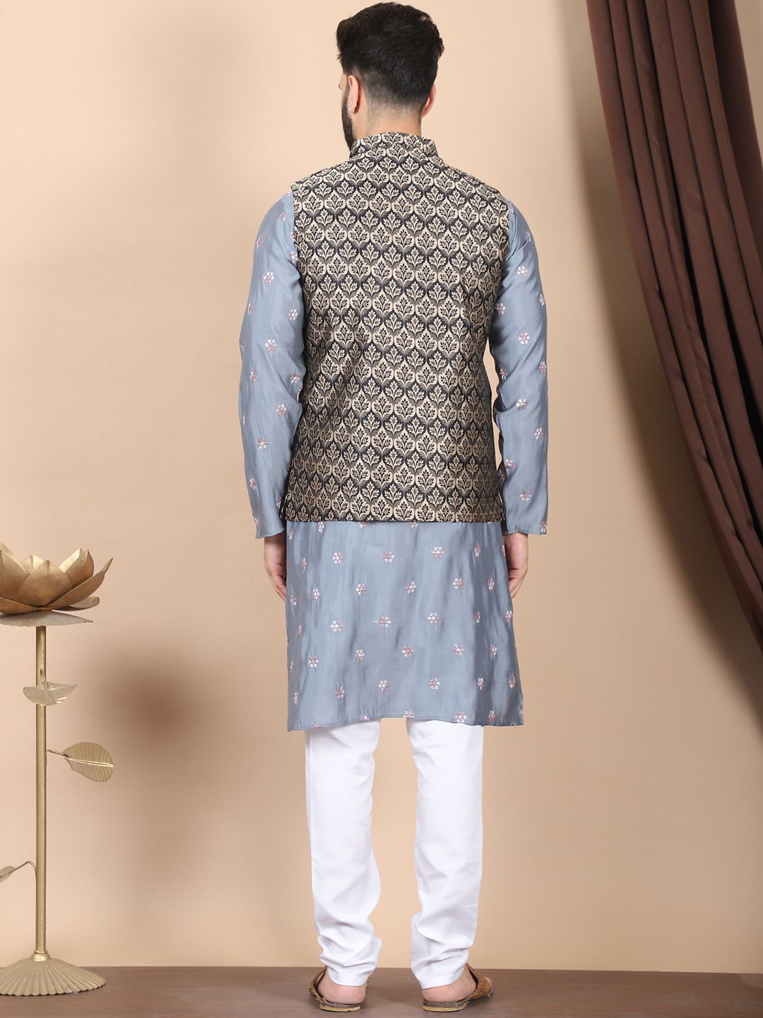 Anouk Grey Floral Embroidered Sequinned Cotton Silk Kurta with Churidar & Nehru Jacket