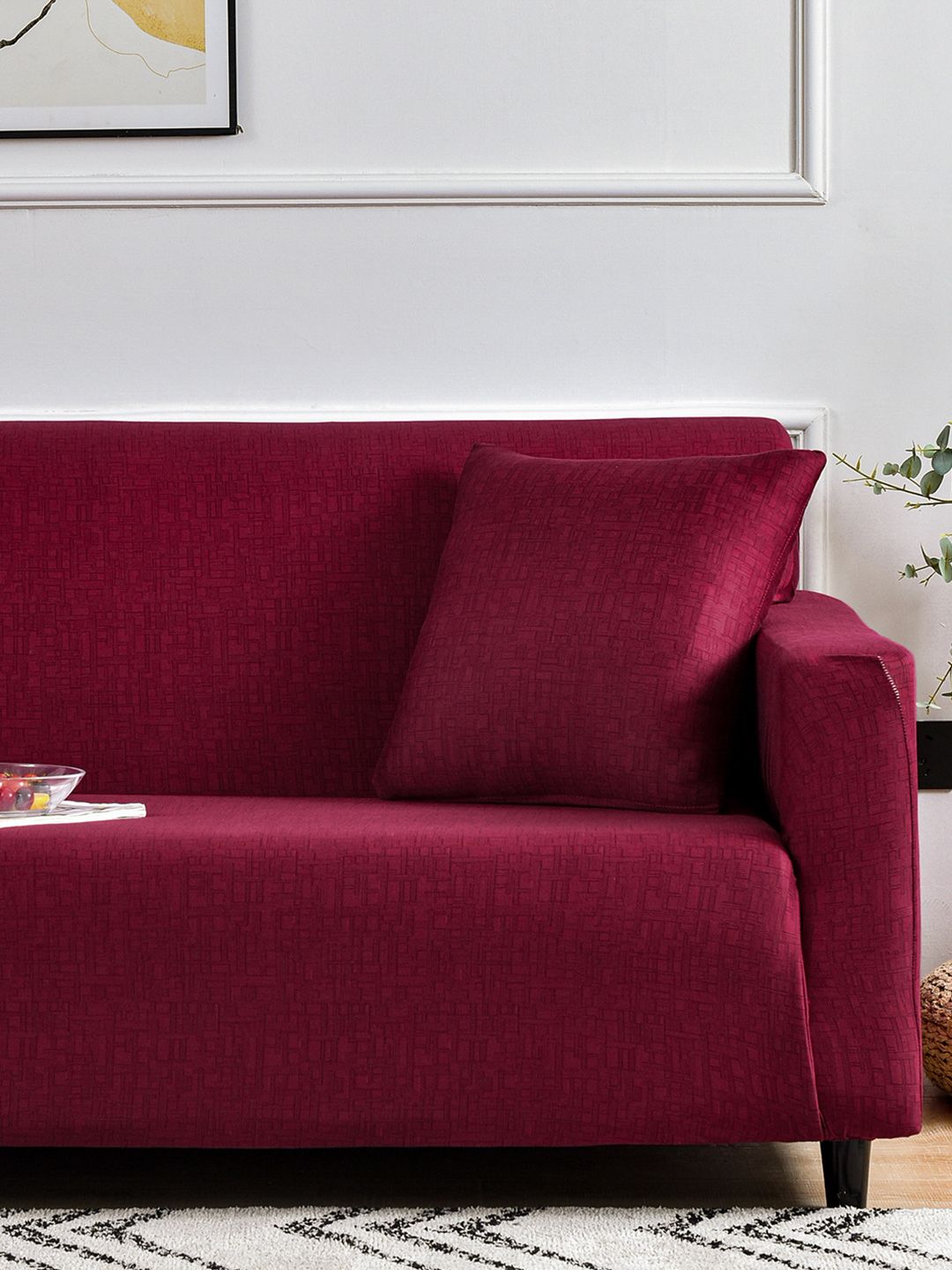 Story@home Maroon Printed 1 Seater Stretchable Sofa Cover With Arms