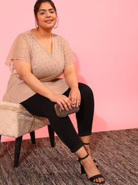 CURVY STREET Plus Size V-Neck Sequined Embellished Net Peplum Top