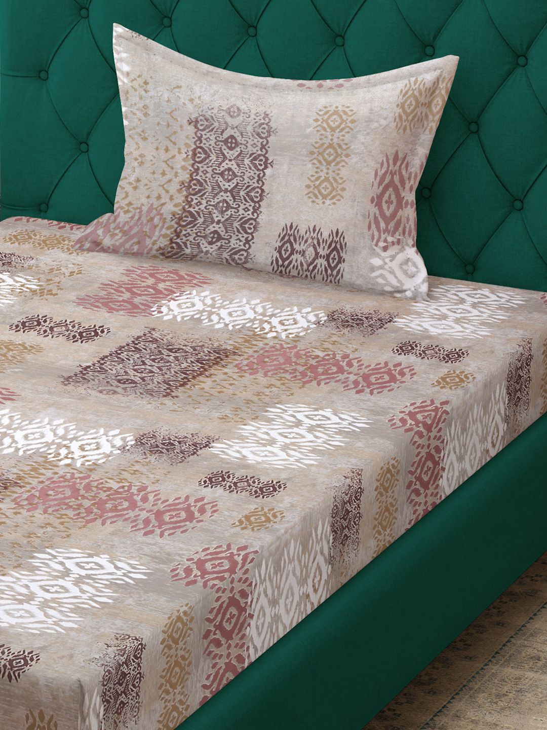 KLOTTHE Beige & Brown Printed Pure Cotton 400 TC Fitted Single Bedsheet With Pillow Cover