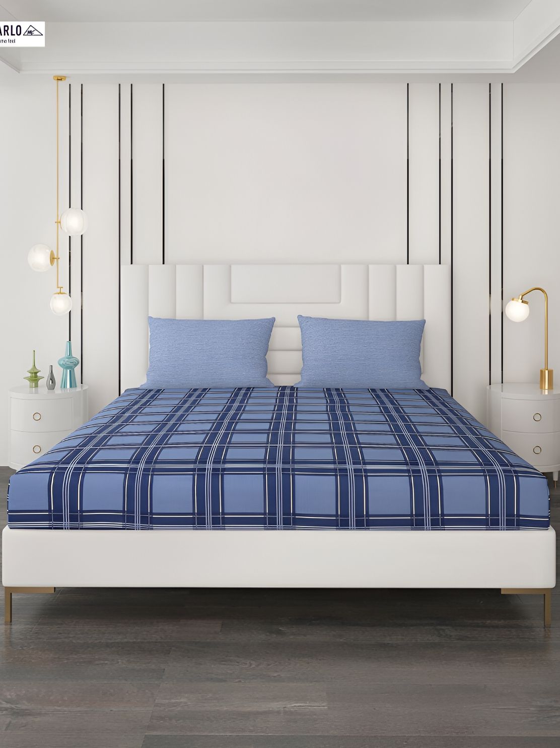 Monte Carlo Blue Geometric 200 TC Queen Bedsheet with 2 Pillow Covers