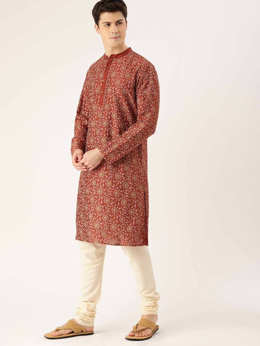 House of Pataudi Men Rust Red & White Printed Straight Kurta
