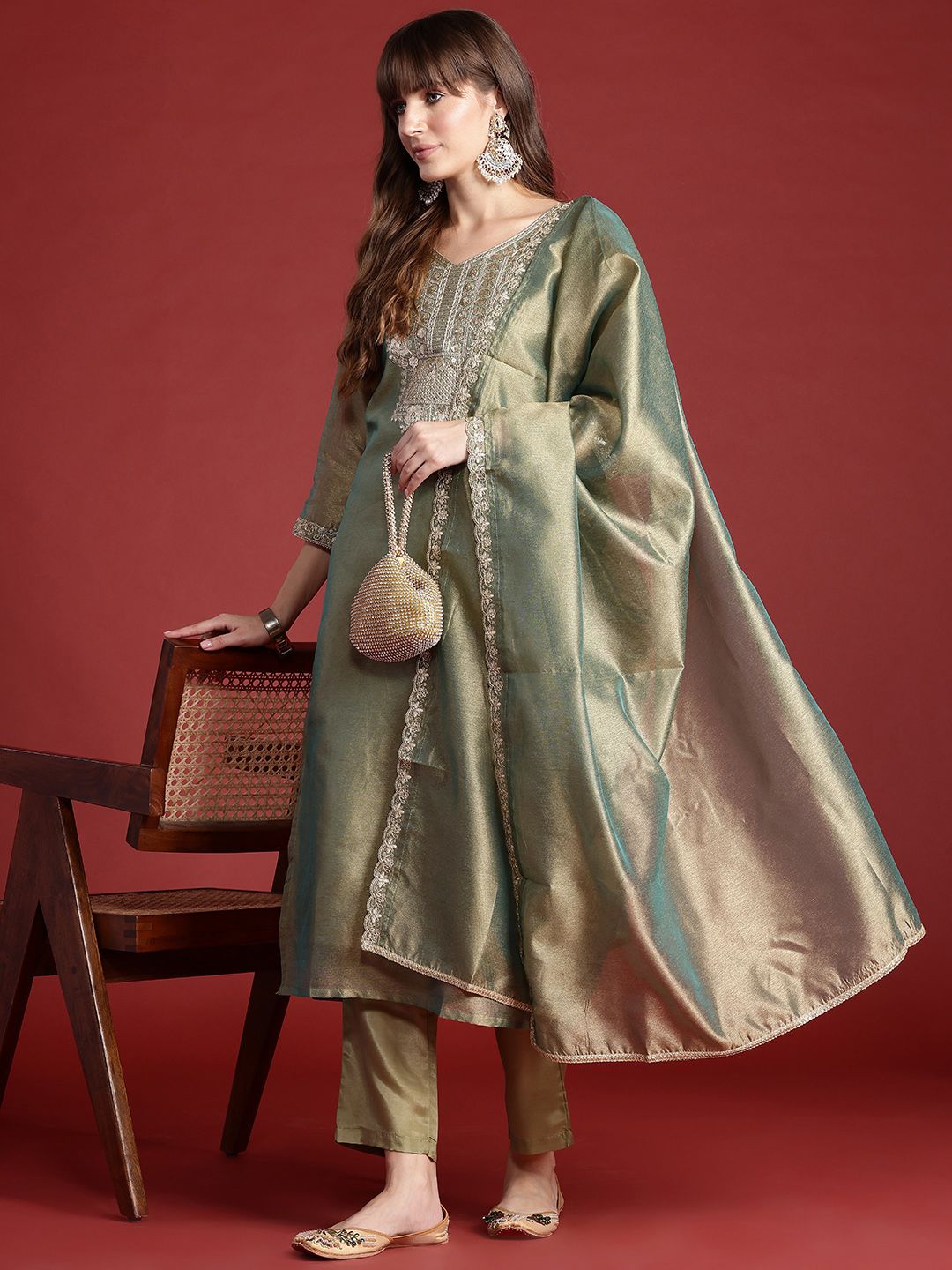 Indo Era Ethnic Motifs Embroidered Sequinned Liva Kurta With Trousers & Dupatta