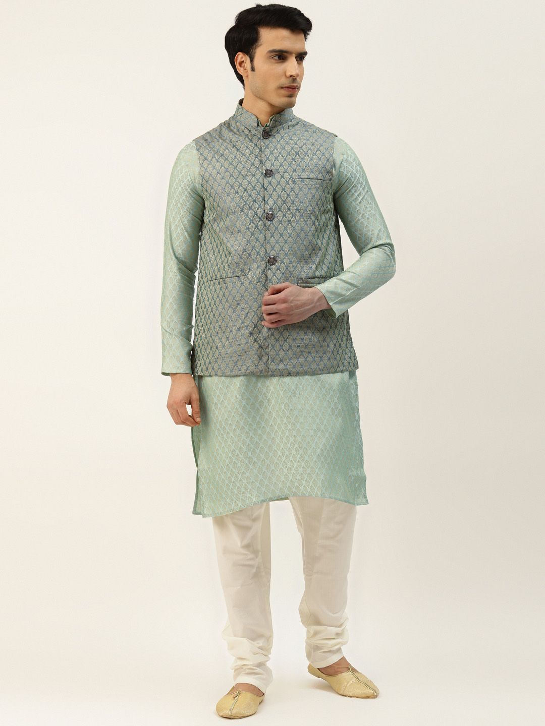 SOJANYA Men Green & Off-White Ethnic Motifs Kurta with Churidar & Nehru Jacket