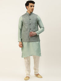 SOJANYA Men Green & Off-White Ethnic Motifs Kurta with Churidar & Nehru Jacket
