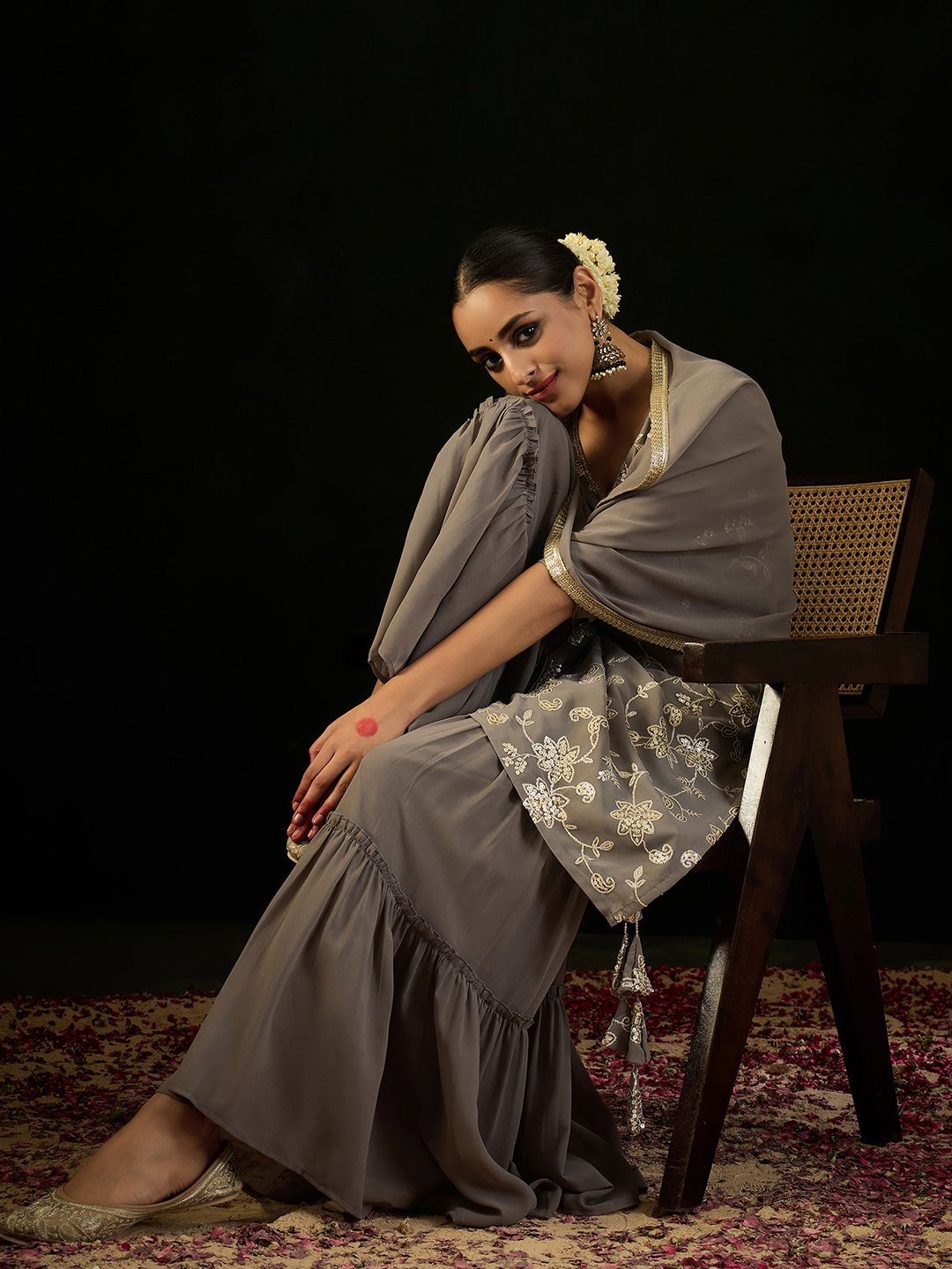 Indo Era V Neck Floral Embroidered Thread Work Kurta with Sharara & Dupatta