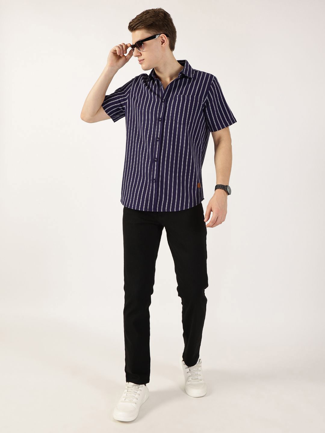 Thomas Scott Men Classic Slim Fit Spread Collar Vertical Striped Cotton Casual Shirt