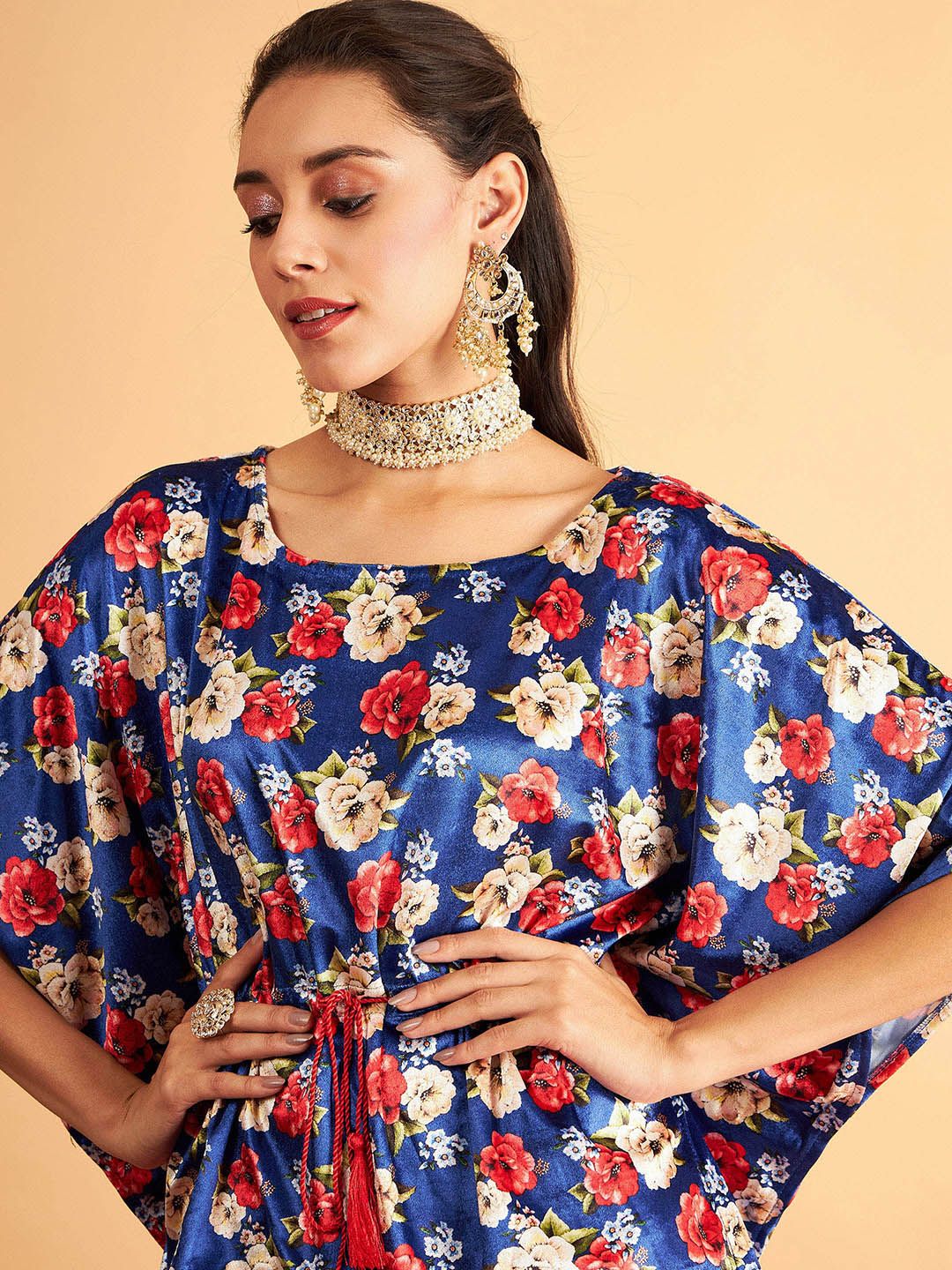 Shae by SASSAFRAS Floral Printed Velvet High Low Kaftan Kurta