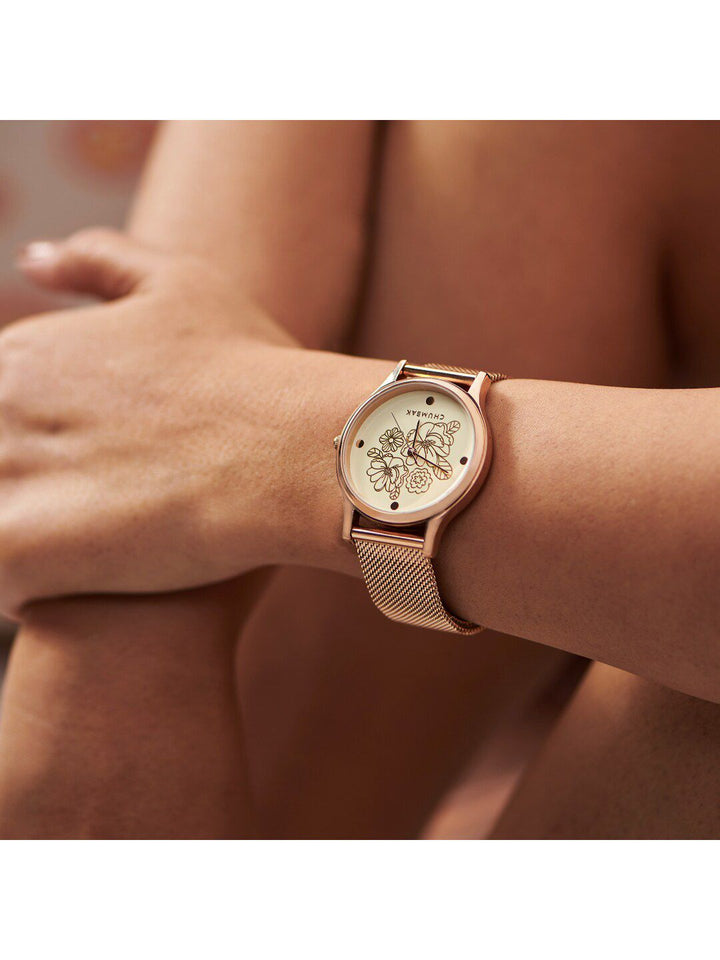 Teal oleh Chumbak Women White Brass Dail Dial & Rose Watch Analogi berlapis Emas