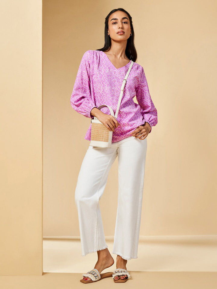 Global Desi Ethnic Motifs Print V-Neck Puff Sleeves Top