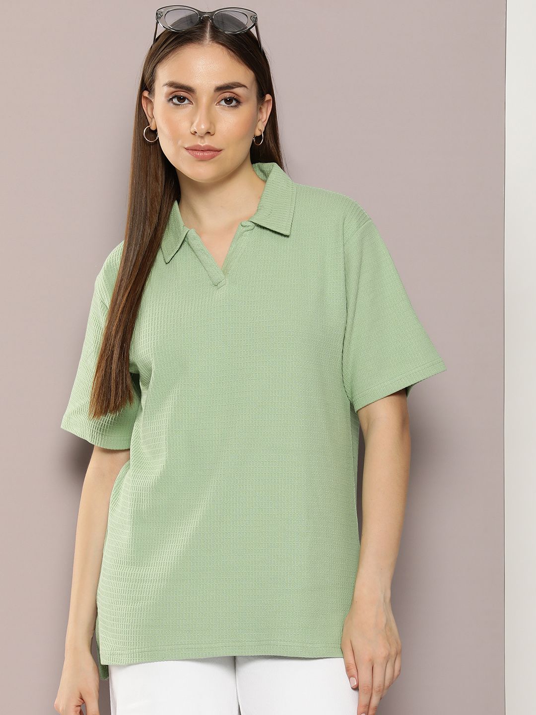 DILLINGER Women Waffle Structure Self Design Oversized Polo Collar T-shirt