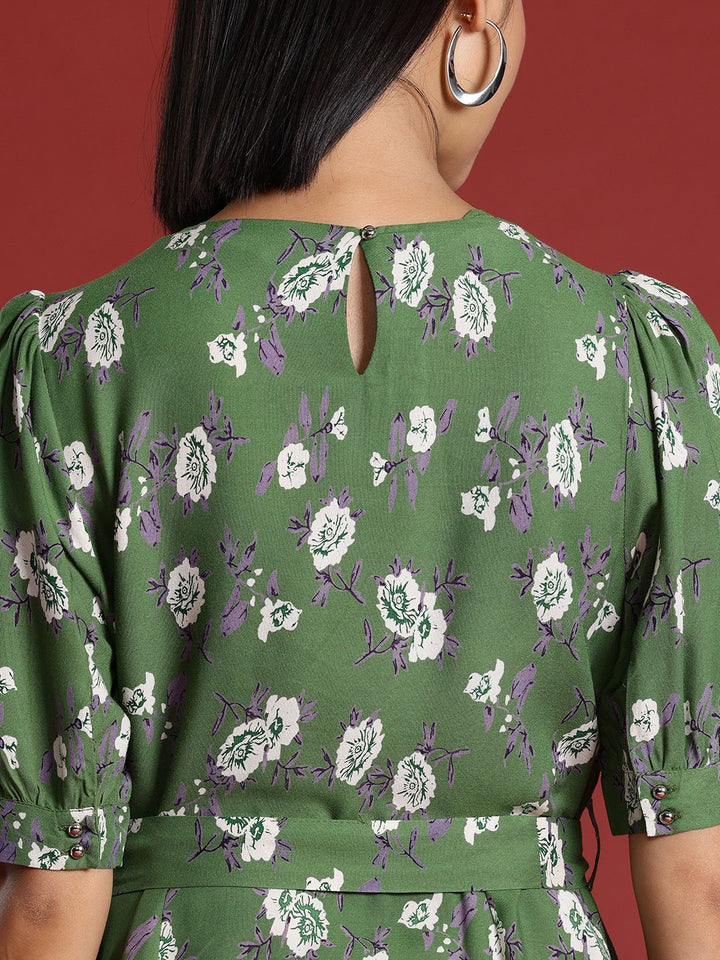 all about you Floral Print Puff Sleeves A-Line Dress with Belt