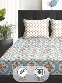Story@home Cream-Coloured & Pink Floral Microfiber 180 TC Queen Bedsheet & 2 Pillow Covers