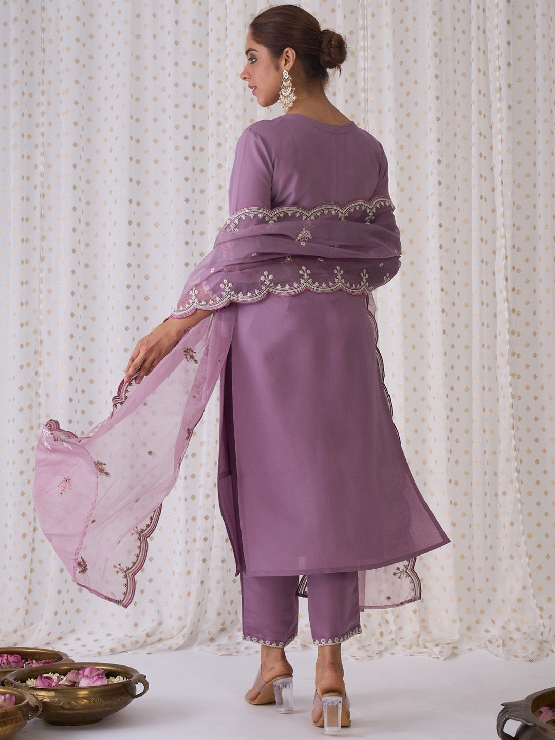 Indo Era Floral Embroidered Round Neck Thread Work Kurta with Trousers & Dupatta