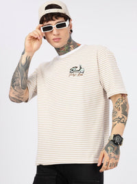 Eszett Drop Shoulder Vintage Ride Cream Striped Embroidered Cotton Round Neck Oversized Fit T-shirt