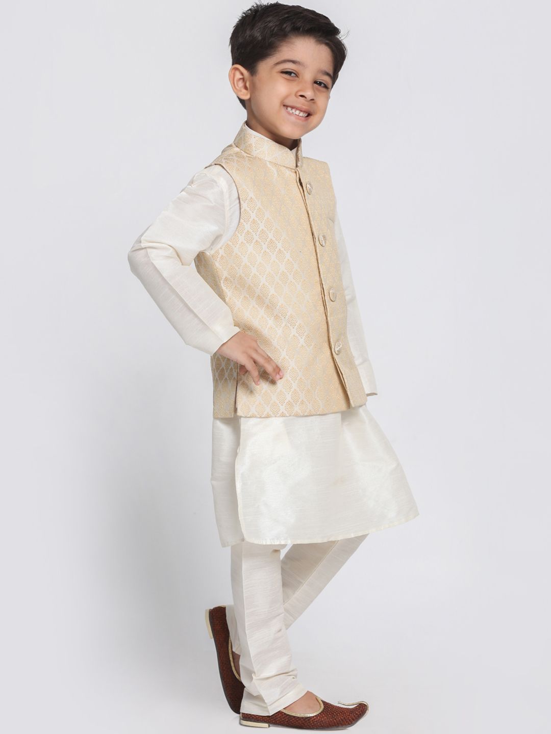 VASTRAMAY Boys Cream-Coloured Self Design Kurta with Churidar & Jacket