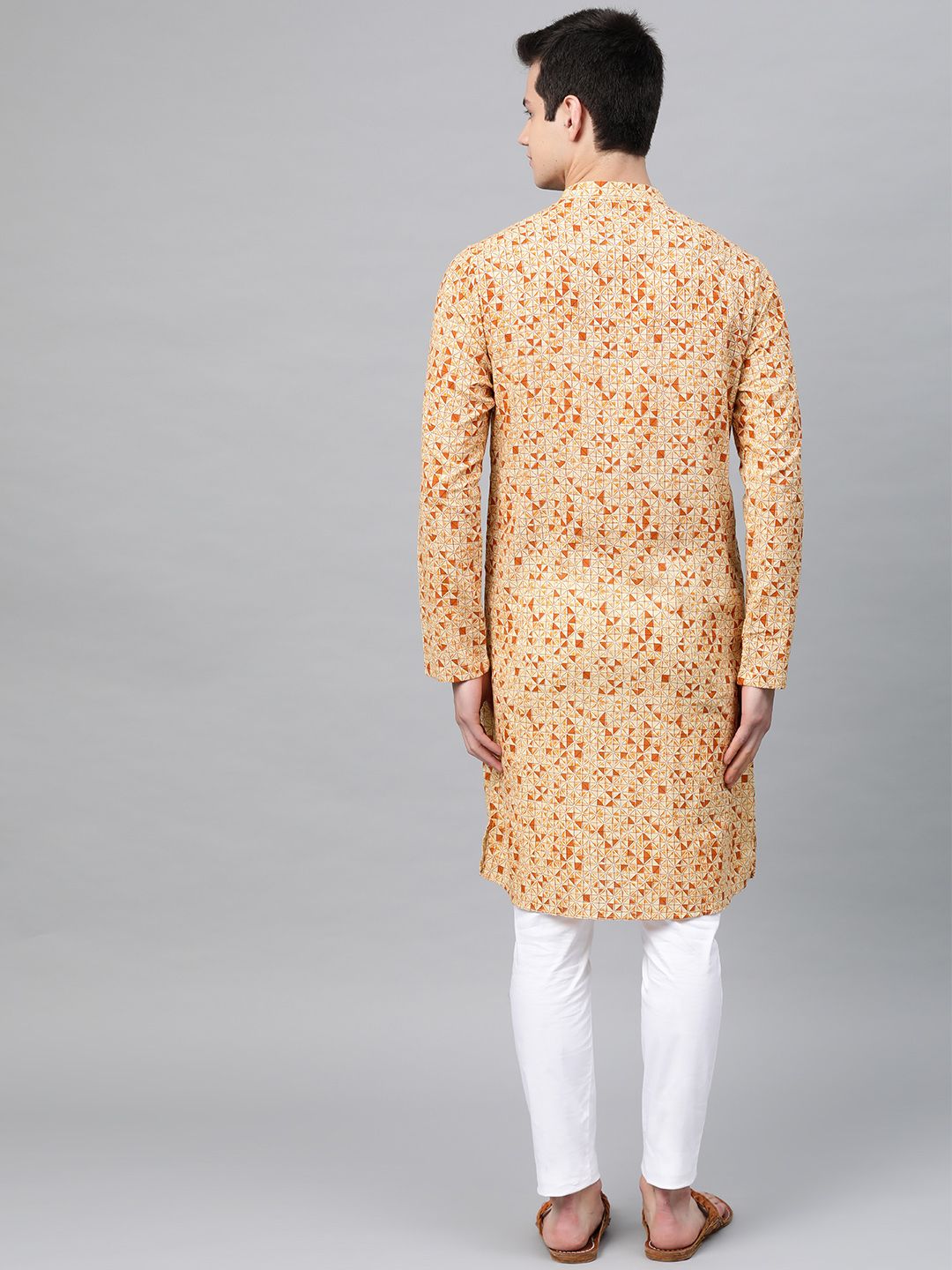 See Designs Men Cream-Coloured & Rust Orange Printed Straight Kurta