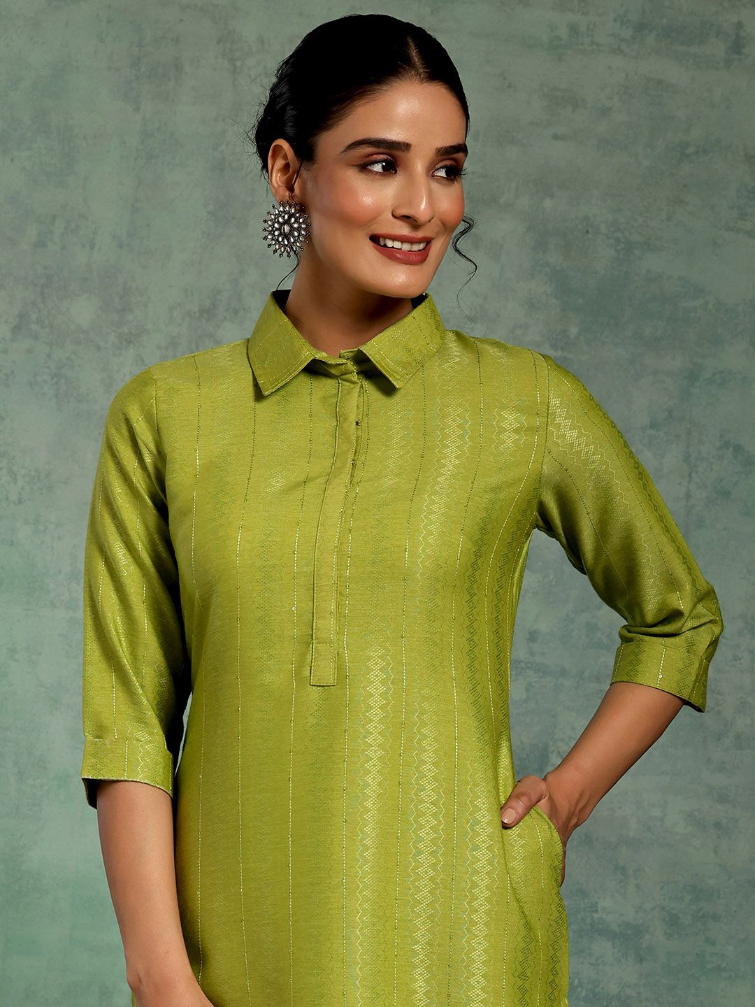 Libas Striped Shirt Collar Pathani Kurta
