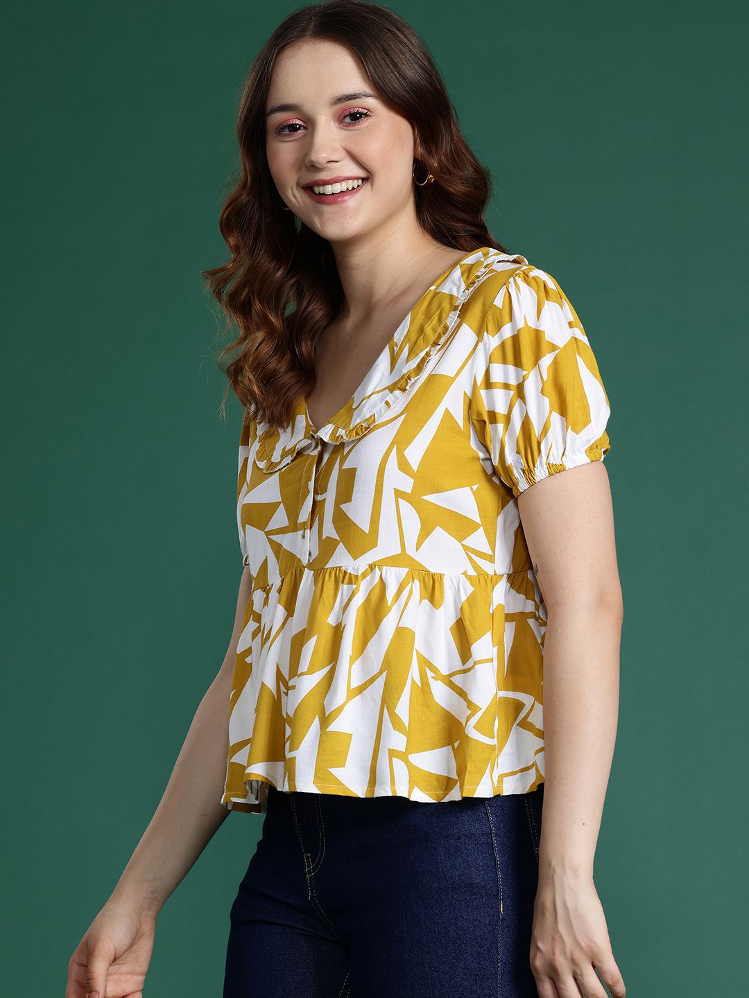 DressBerry Geometric Print Puff Sleeve Empire Top
