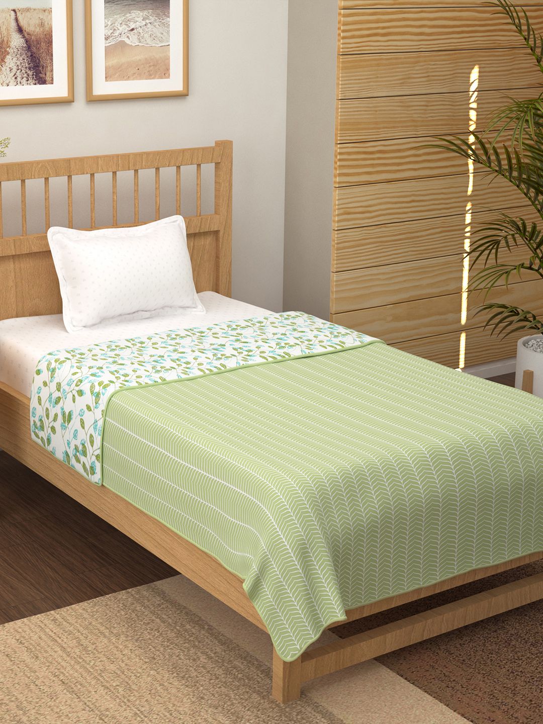 Story@home Olive Green & Green Floral AC Room 150 GSM Single Bed Dohar