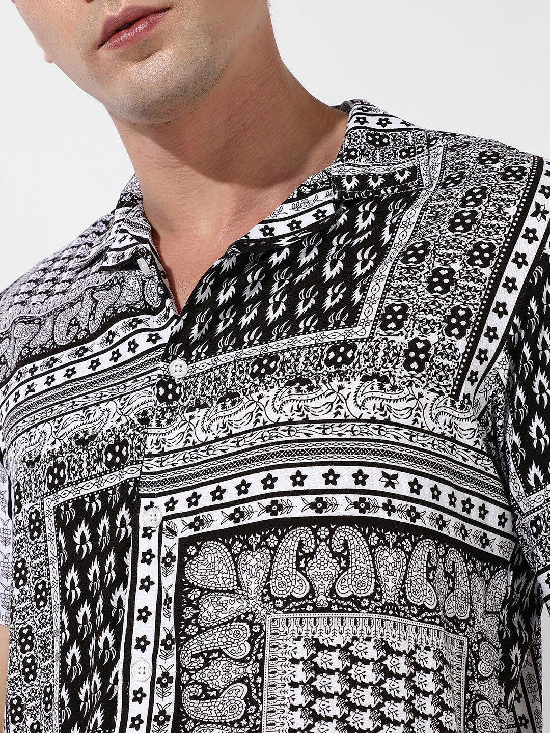 Campus Sutra Men Black & White Bohemian Printed Shirt Collar Co-Ord