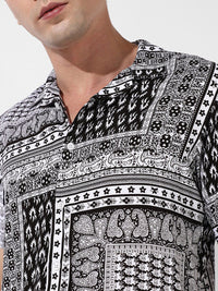 Campus Sutra Men Black & White Bohemian Printed Shirt Collar Co-Ord