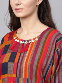 SOJANYA Women Grey & Red Checked Asymmetric A-Line Kurta