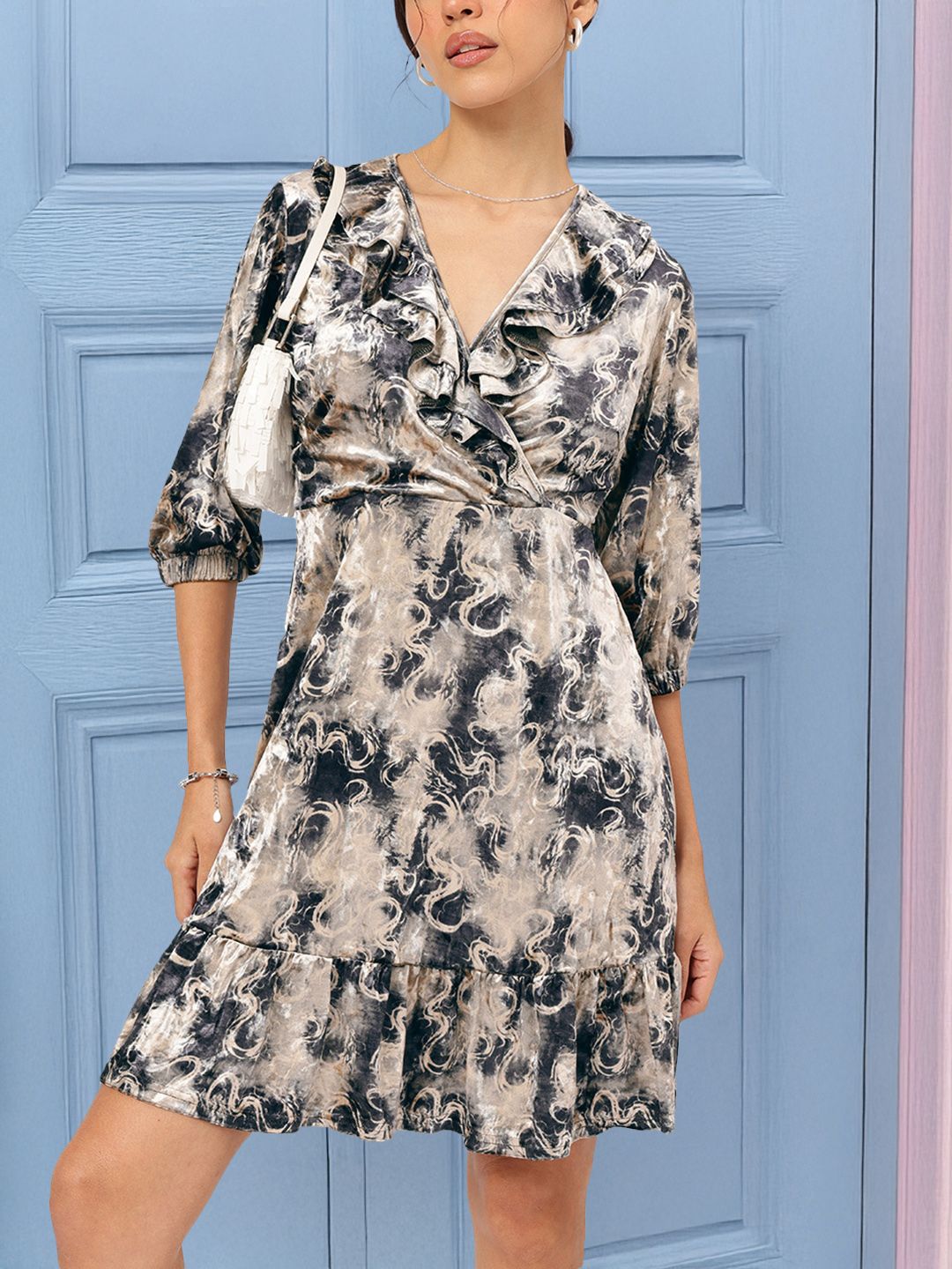 DressBerry Radiant Ruffles Abstract Print Velour A-Line Dress