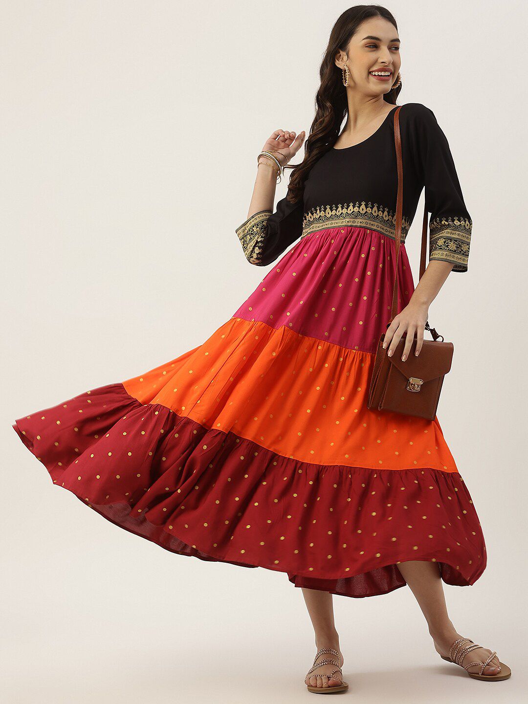 Rustorange Black & Pink Colourblocked Polka Printed Gotta Patti Empire Midi Dress