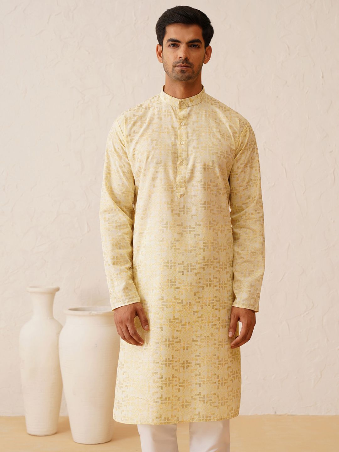 SOJANYA Geometric Woven Design Mandarin Collar Zari Cotton Straight Kurta