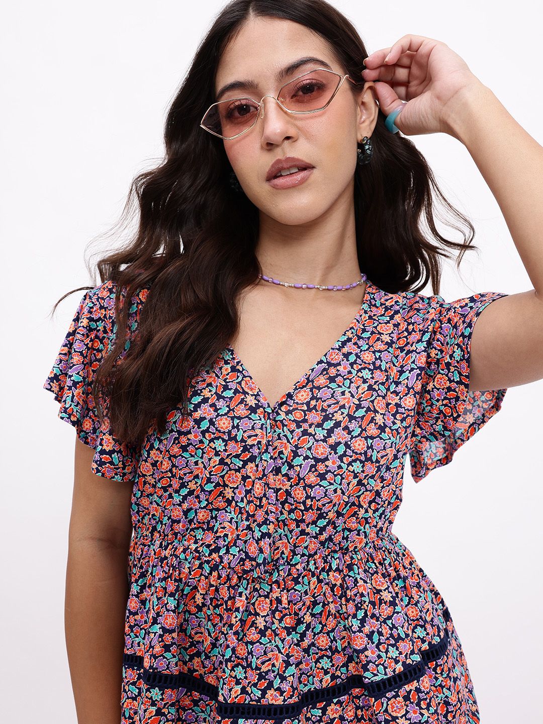 DressBerry Whimsical Touch Floral Printed Flutter Sleeves A-line Top