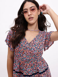 DressBerry Whimsical Touch Floral Printed Flutter Sleeves A-line Top