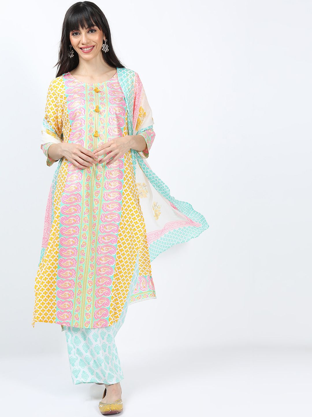 Vishudh Women Yellow Ethnic Motifs Printed Kurta with Palazzos With Dupatta
