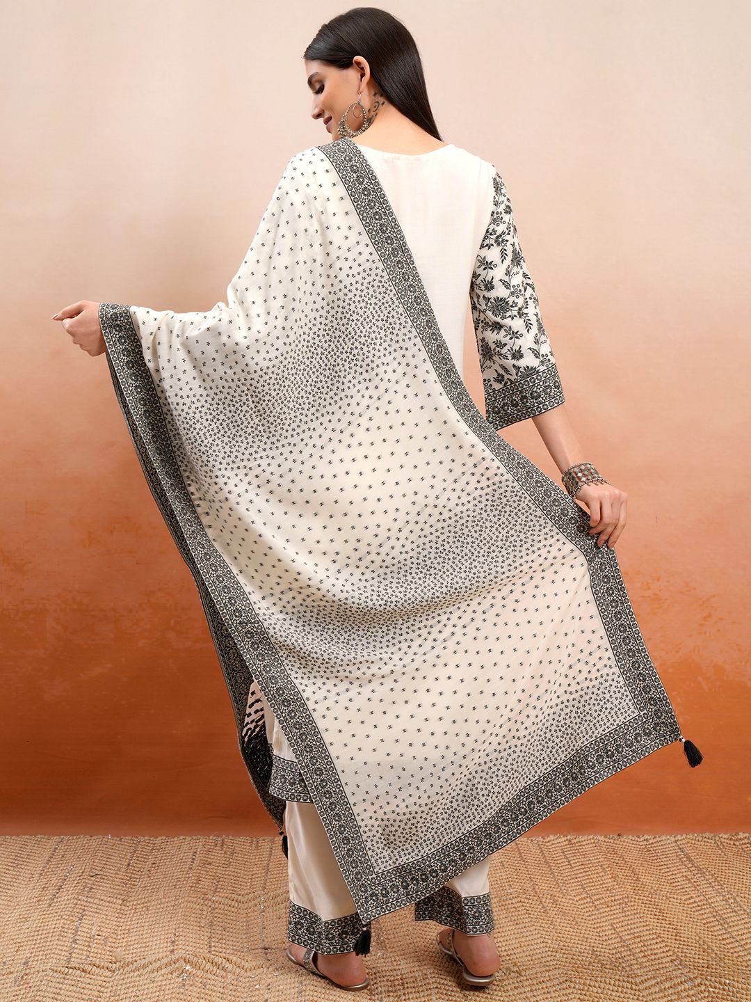 Vishudh Cream Coloured Thread Work Pure Cotton Straight Kurta With Trousers & Dupatta