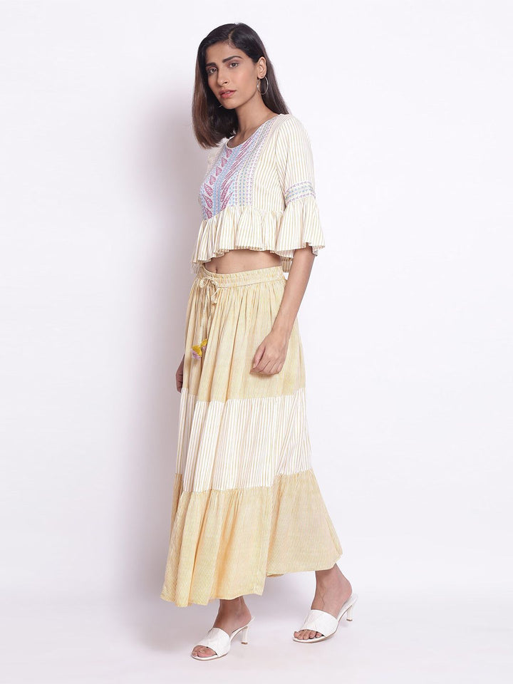 W Women Yellow Striped Top with Tiered Skirt