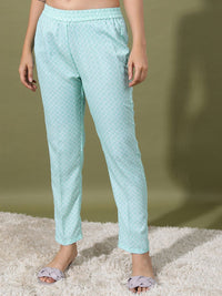 Vishudh Sea Green & Purple Ethnic Motifs Printed Regular Kurta With Trousers & Jacket