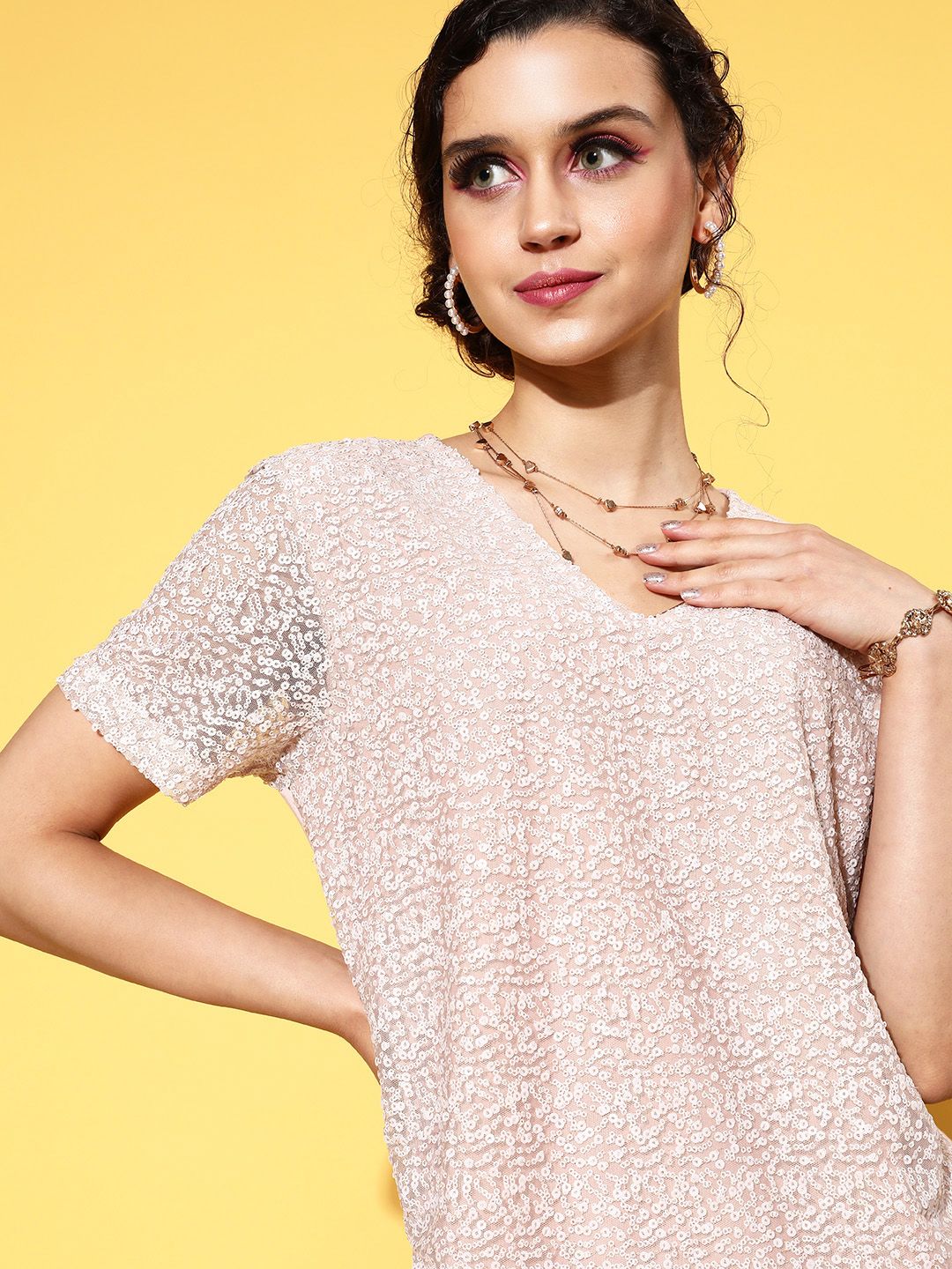 SASSAFRAS Women  Cream Solid Shimmer & Sequin Dress