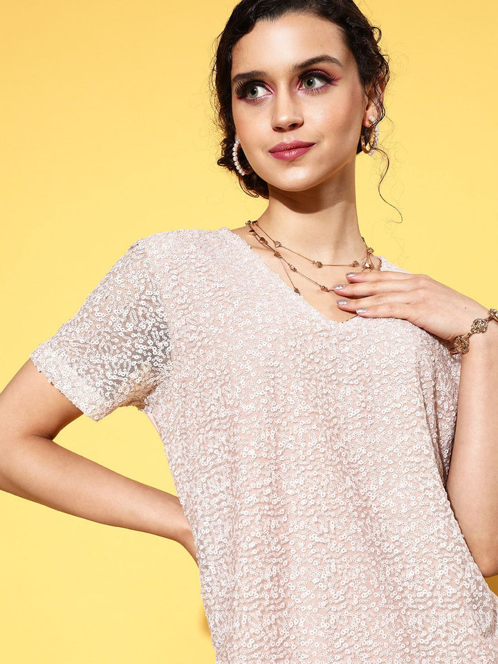 SASSAFRAS Women  Cream Solid Shimmer & Sequin Dress