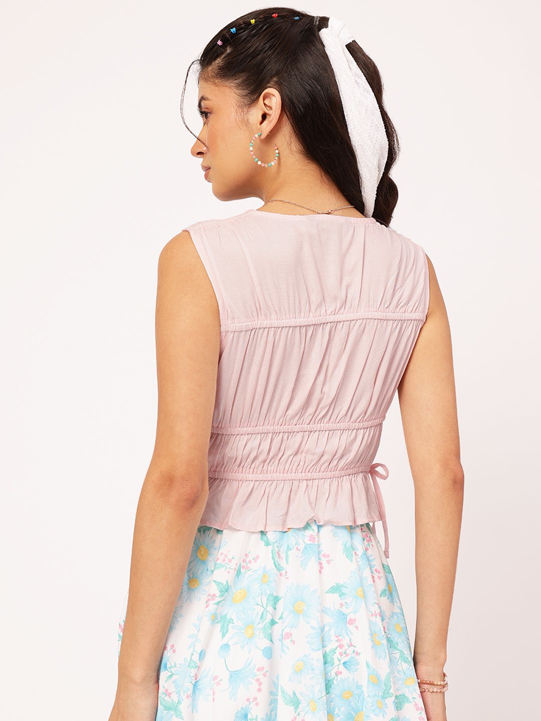 DressBerry Tie-Ups Smocked Cinched Waist Top